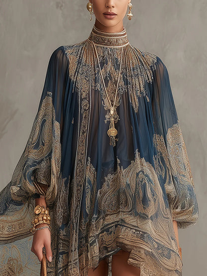 Marianna | Mini-jurkje van marineblauwe chiffon met goudkleurige barokprint