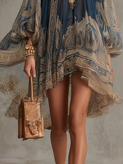 Marianna | Mini-jurkje van marineblauwe chiffon met goudkleurige barokprint