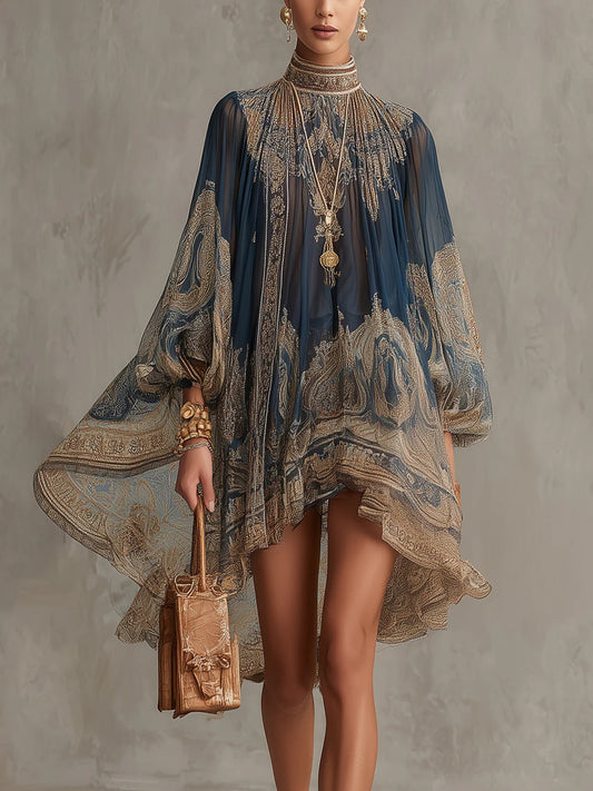 Marianna | Mini-jurkje van marineblauwe chiffon met goudkleurige barokprint