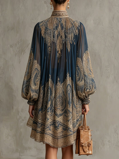 Marianna | Mini jurk in marineblauwe chiffon met gouden barokprint