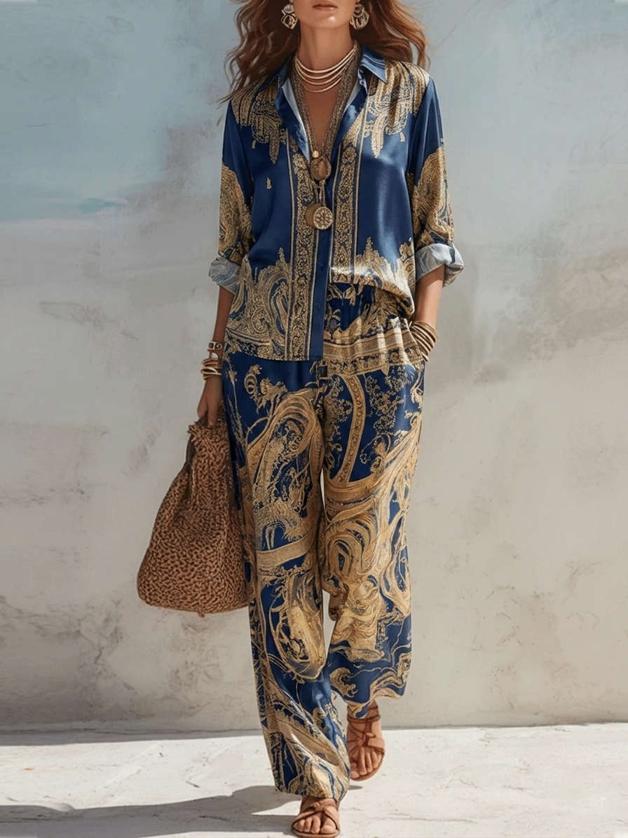 Antonella | Completo Twee Stukken met Barokke Print in Marineblauw
