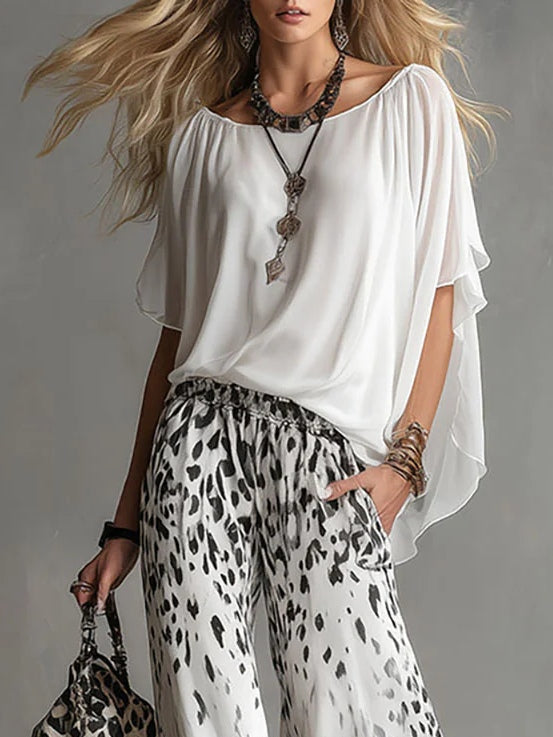 Ilaria | Compleet met Boottop en Vervaagde Luipaard Chiffon Broek