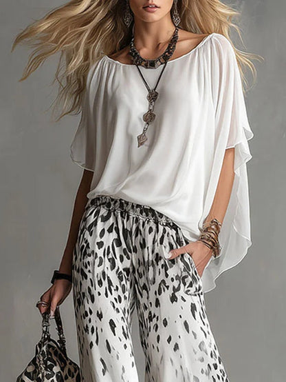 Ilaria | Compleet met Boottop en Vervaagde Luipaard Chiffon Broek
