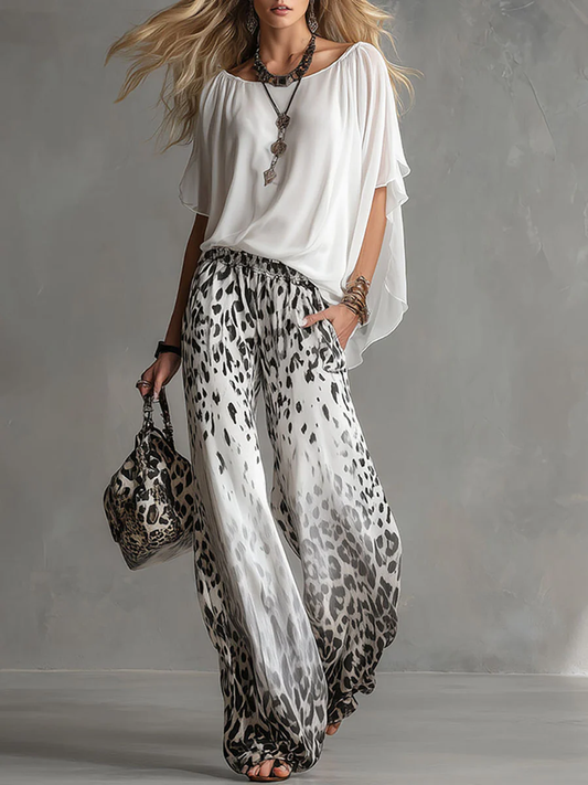Ilaria | Compleet met Boottop en Vervaagde Luipaard Chiffon Broek