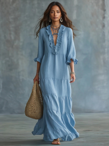 Anita | Hemelsblauwe boho-maxi-jurk met V-hals en ruches