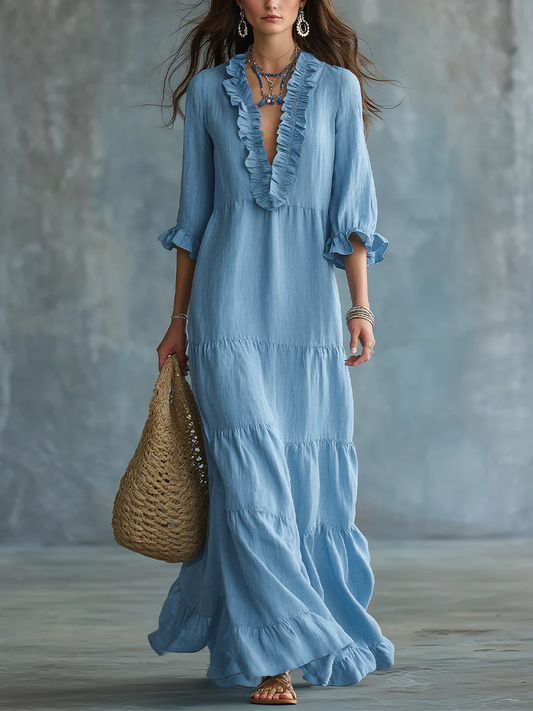 Anita | Hemelsblauwe boho-maxi-jurk met V-hals en ruches