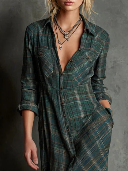 Devine™ - Lange jurk met Groene Ruitpatroon
