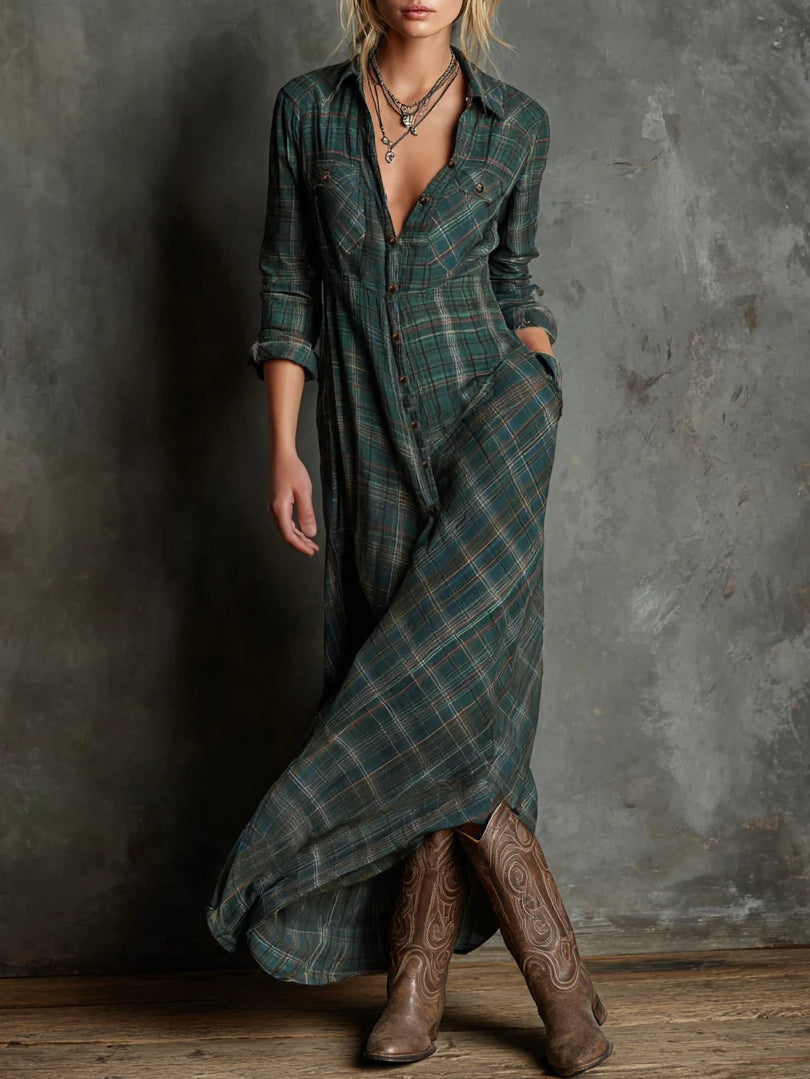 Devine™ - Lange jurk met Groene Ruitpatroon