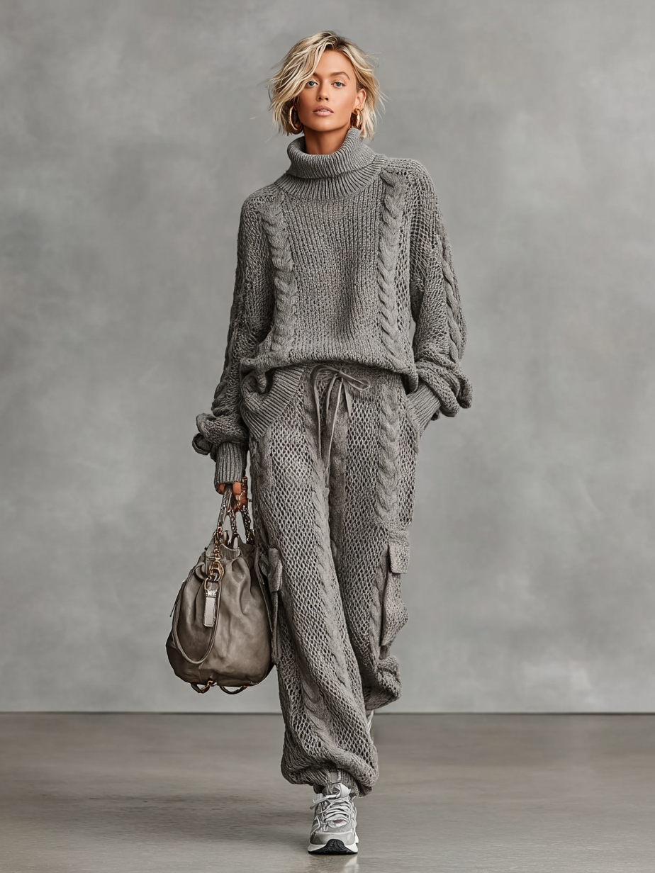 Vrouwen Casual Kabelgebreide Coltrui Broek Set MDA0958I2Y