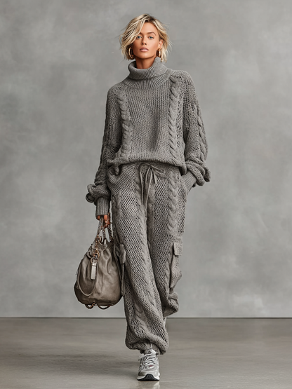 Vrouwen Casual Kabelgebreide Coltrui Broek Set MDA0958I2Y
