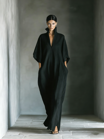 Costanza | Zwarte maxi-jurk met kimono-mouwen en V-hals