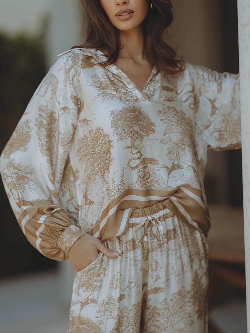 Satin Jungle Bloemenprint Losse Lange Mouwen Top