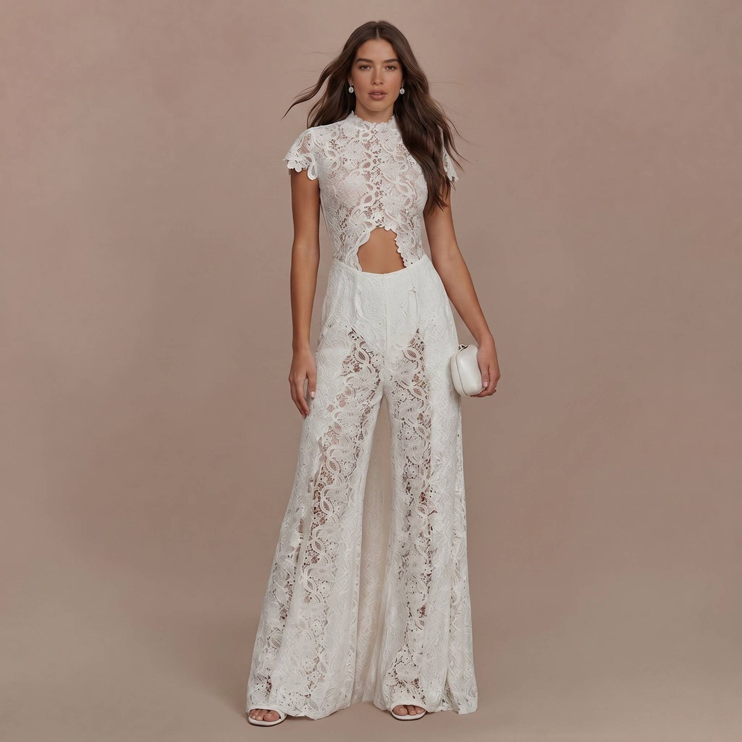 Kanten Top met Lange Mouwen en Brede Pantalon Set