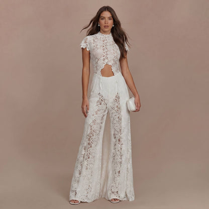 Kanten Top met Lange Mouwen en Brede Pantalon Set