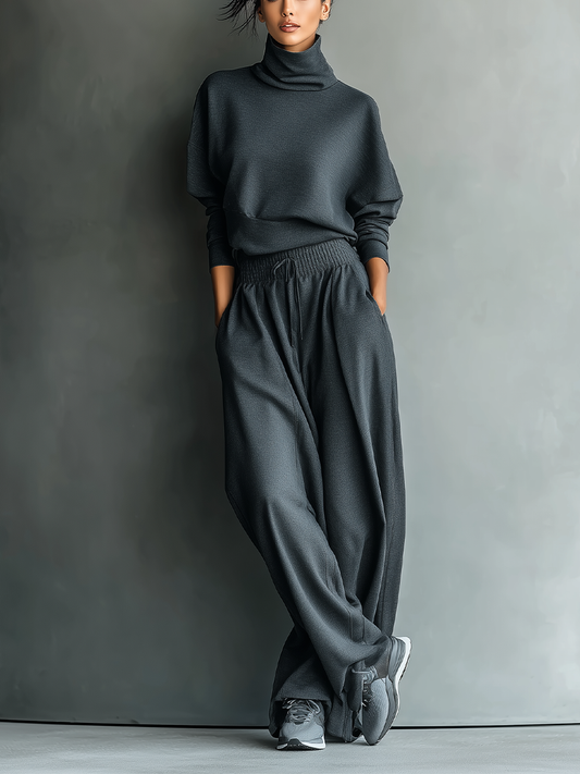 Dames Oversized Top van Charcoal Gebreid Stof met Col en Brede Pijpen Set MDA2435L7T