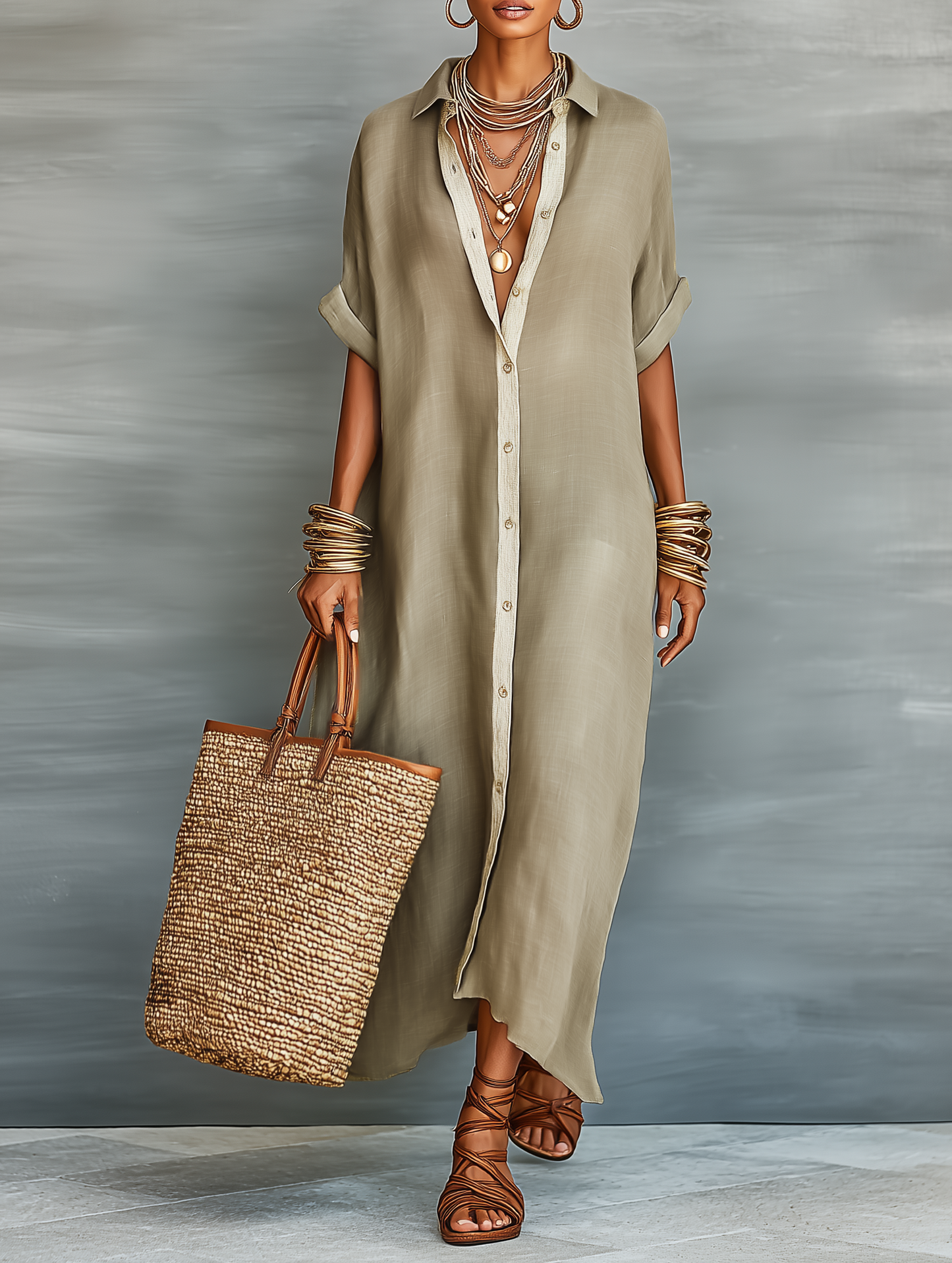 Louise | Linnenmix Korte Mouwen Shirt Maxi Jurk