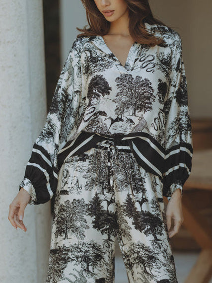 Satin Jungle Bloemenprint Losse Lange Mouwen Top