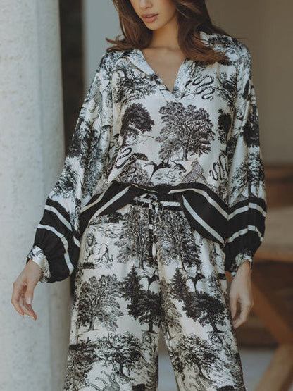 Satin Jungle Bloemenprint Losse Lange Mouwen Top