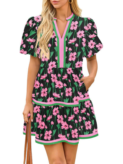 Damesjurk met V-hals en bloemenprint, korte pofmouwen, boho-stijl