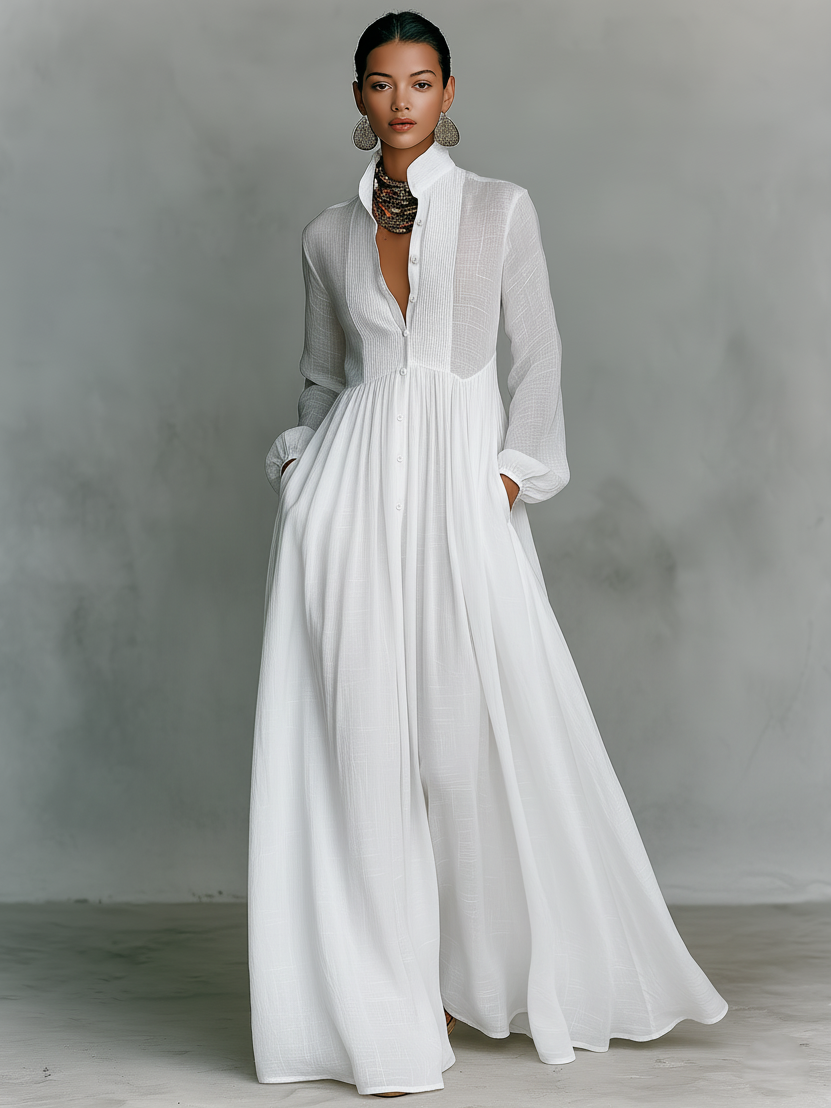 Marta - Maxi-jurk van linnen met patchworkdetails en hoge hals