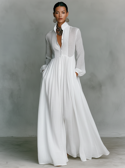 Marta - Maxi-jurk van linnen met patchworkdetails en hoge hals