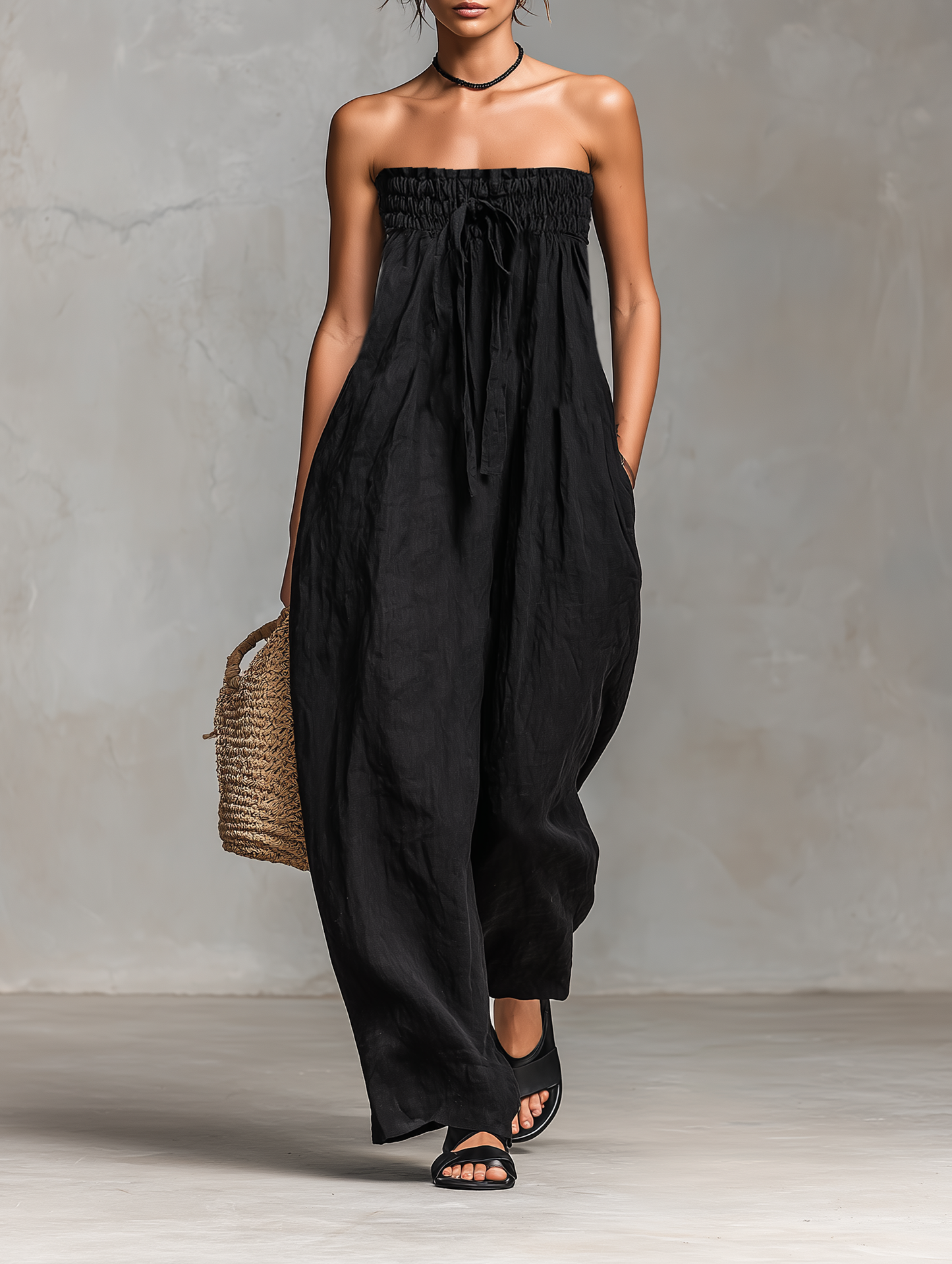 Ashley | Losse Lijnmix Strapless Tie Jumpsuit