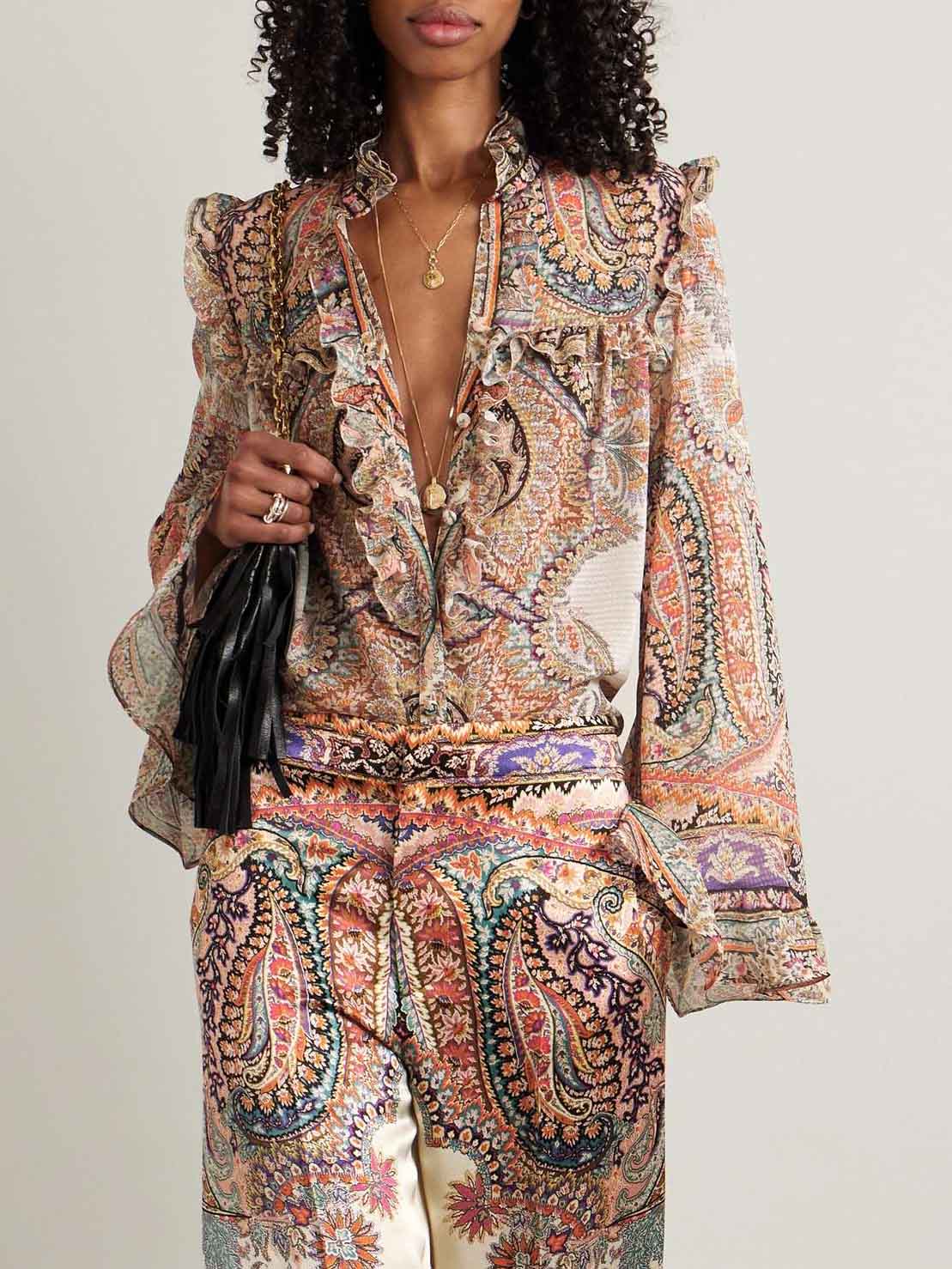 Exquise Vintage Paisley Print Ruffled Shirt