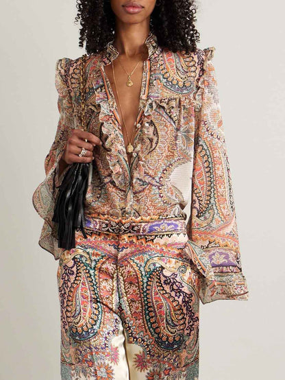 Exquise Vintage Paisley Print Ruffled Shirt