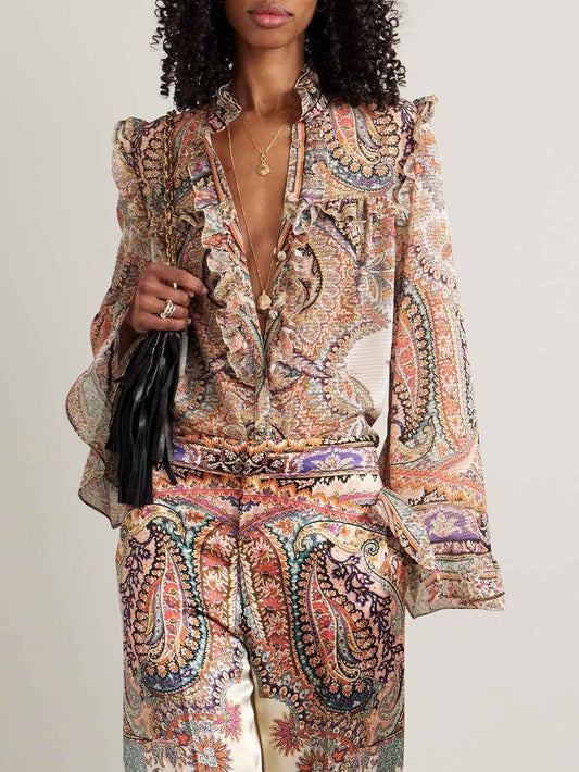 Exquise Vintage Paisley Print Ruffled Shirt