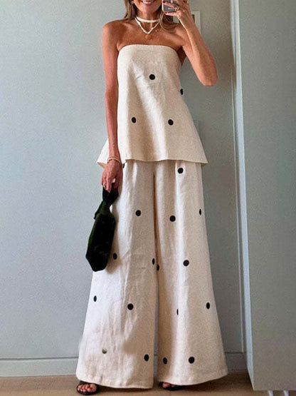 Klassieke Polka Dot Off-Shoulder Tanktop & Losse Wijde Broek Set
