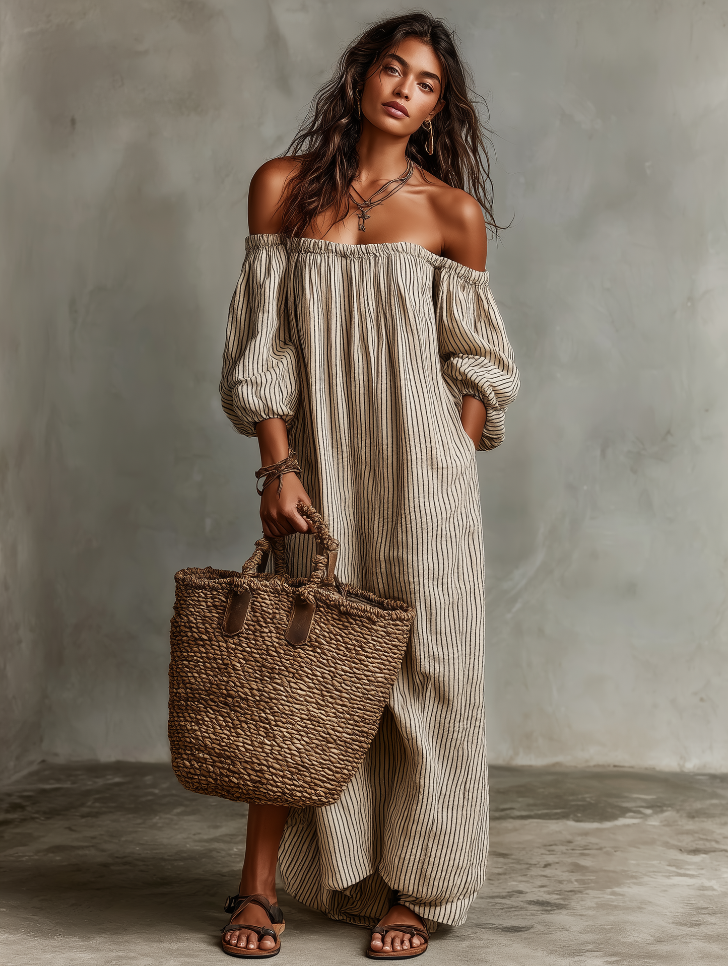 Carmen | Lange jurk van katoen en linnen met off-the-shoulder ontwerp