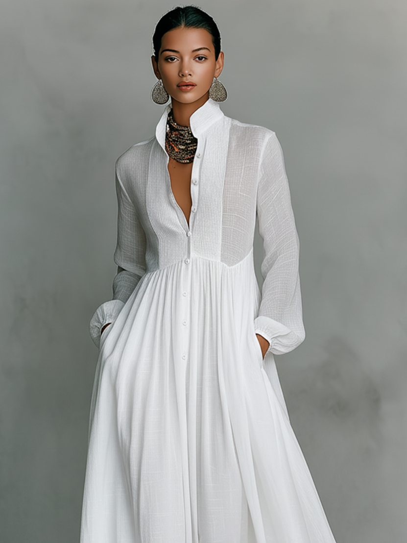 Marta - Maxi-jurk van linnen met patchworkdetails en hoge hals