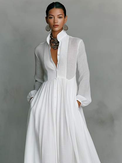 Marta - Maxi-jurk van linnen met patchworkdetails en hoge hals