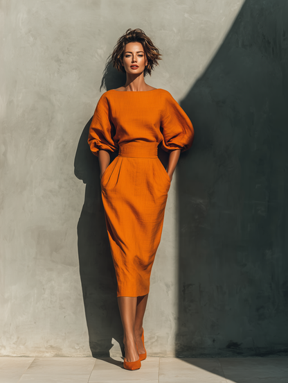Dames Oranje Top met Middellange Mouwen en Midi Rok Set MDA2511G6T