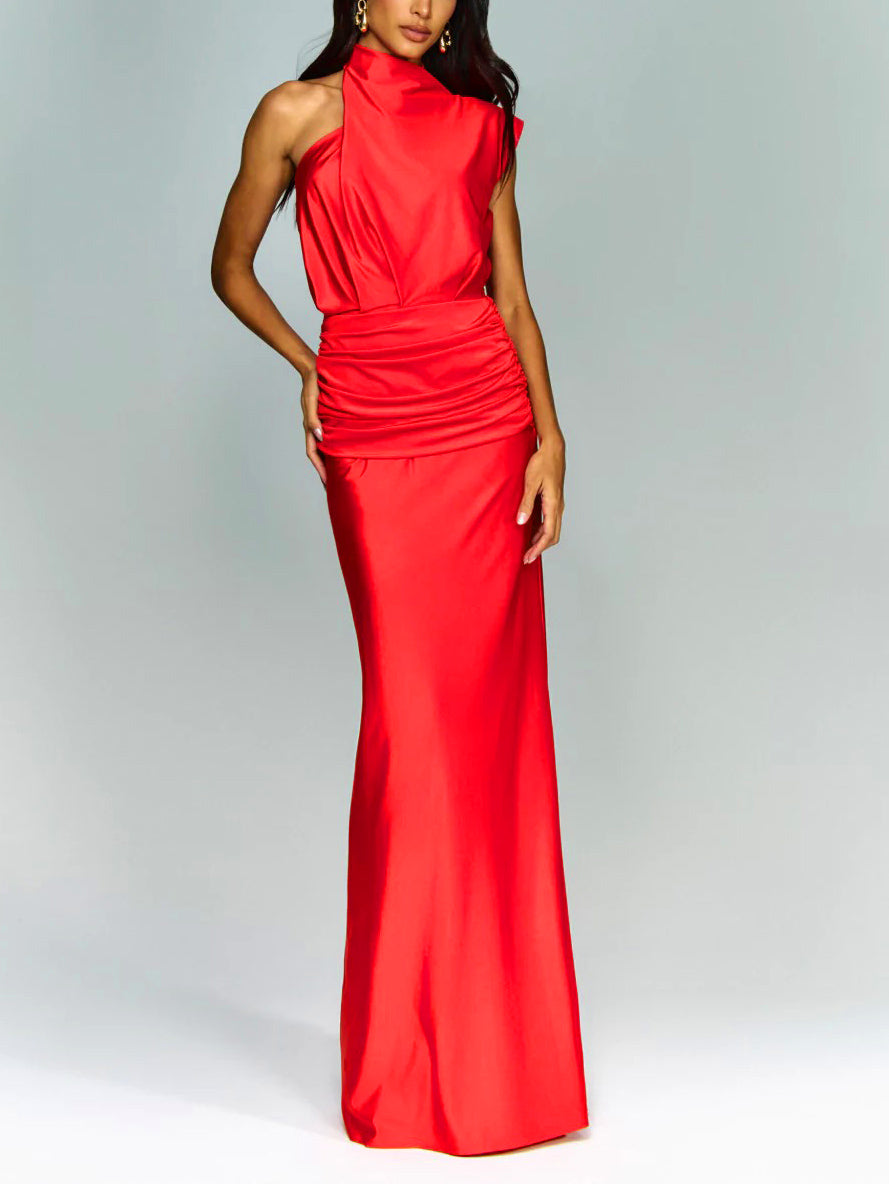 Elegante Asymmetrische Halslijn Geplooide Feest Maxi Jurk