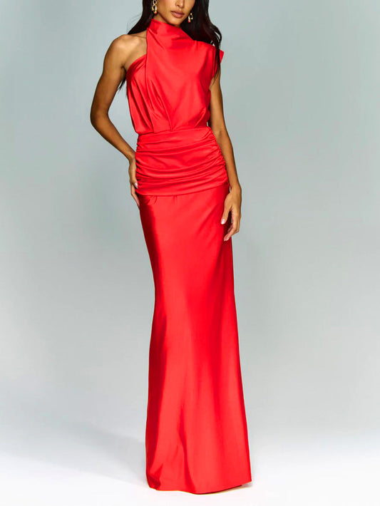 Elegante Asymmetrische Halslijn Geplooide Feest Maxi Jurk