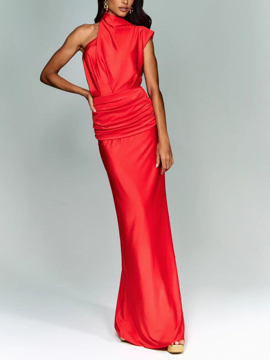 Elegante Asymmetrische Halslijn Geplooide Feest Maxi Jurk