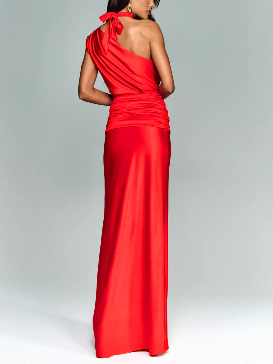 Elegante Asymmetrische Halslijn Geplooide Feest Maxi Jurk