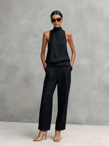 Dames Elegante Zwarte Katoenen en Linnen Ronde Hals Mouwloze Top en Broek Set MDZ1441A4AN