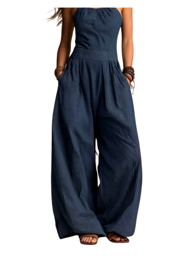Bianca | Oceaanblauwe Crossover Linnen Jumpsuit
