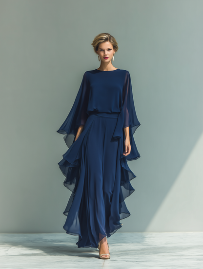 Dames Navy Blauwe Chiffon Top met Uitlopende Mouwen en Rechte Broek Set met Rimpeldetails MDZ2218A5T