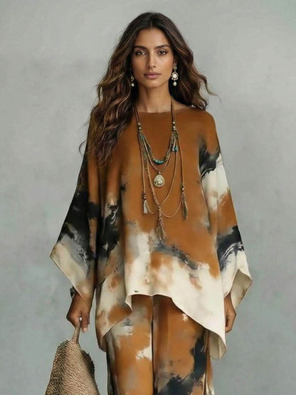 Elegante Tie-Dye Print Losse Kaftan Top & Broek Twee-Stuk Set