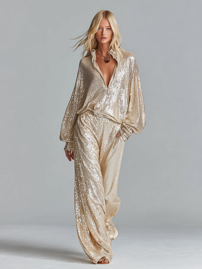 Dames Gouden Glamoureuze Pailletten Kraag Halve Rits Brede Pijp Loungewear Feestset MDA2425I0I