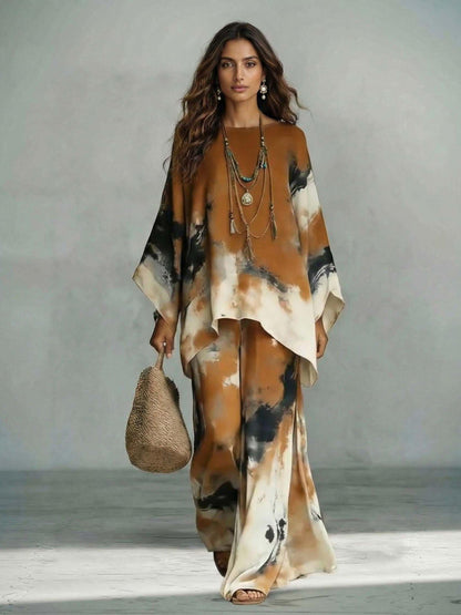 Elegante Tie-Dye Print Losse Kaftan Top & Broek Twee-Stuk Set