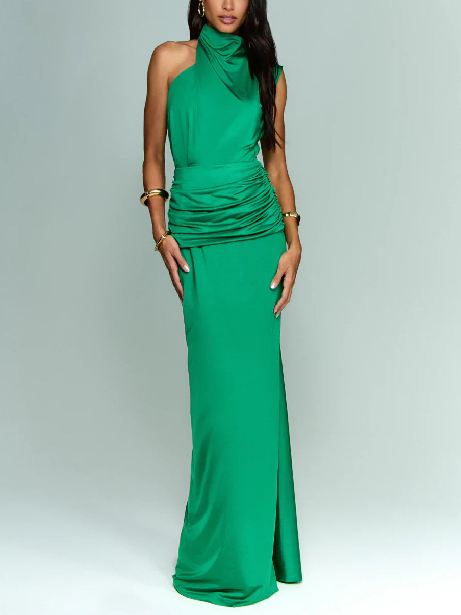 Elegante Asymmetrische Halslijn Geplooide Feest Maxi Jurk