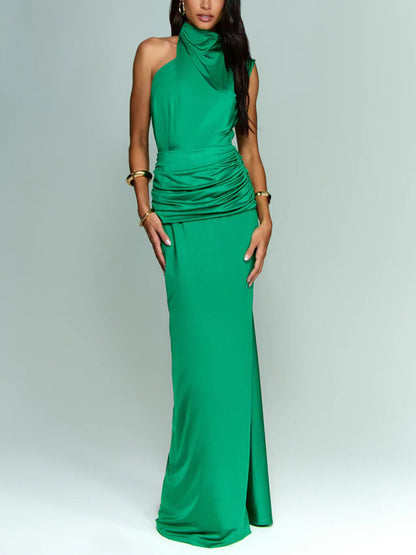 Elegante Asymmetrische Halslijn Geplooide Feest Maxi Jurk