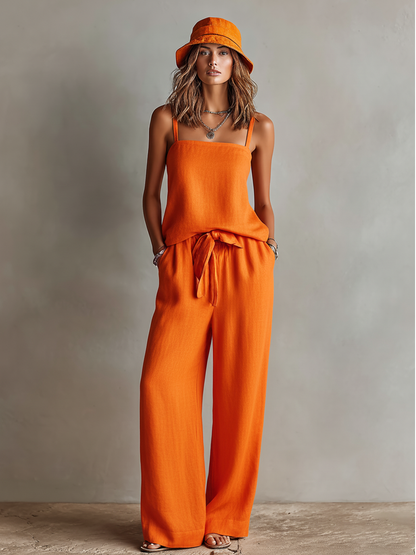 Vrouwen Oranje Linnen Twee-Delige Set Met Vierkante Hals Cami Top & Trousers Met Strik Taille, Tijdloze Boho-Resort Stijl Set MDZ0825D5I