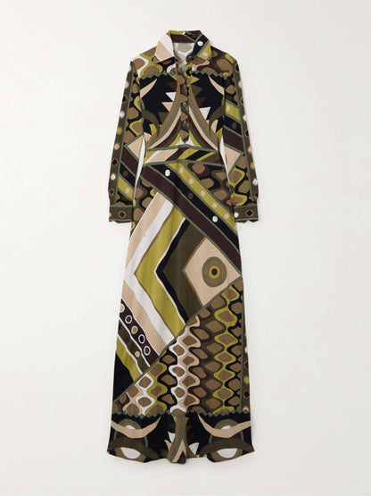 Retro Persoonlijkheid Abstracte Print Lange Mouwen Maxi Jurk