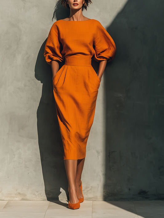Dames Oranje Top met Middellange Mouwen en Midi Rok Set MDA2511G6T