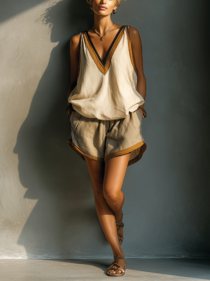 Dames Beige Linnenmix Contrast Trim V-Hals Tanktop & Khaki Korte Broek Twee-delige Set MDZ2086C2T